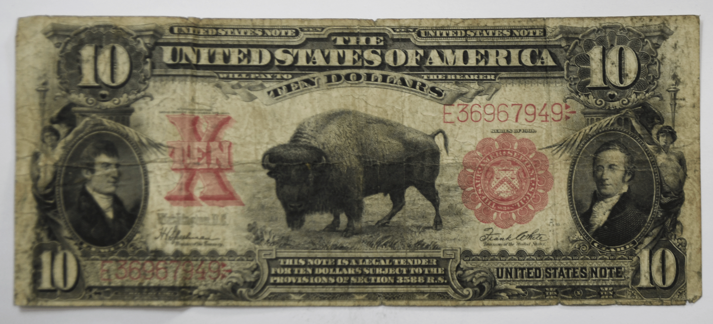 1901 $10 Legal Tender Bison Note Red Seal E36967949  Fr#122