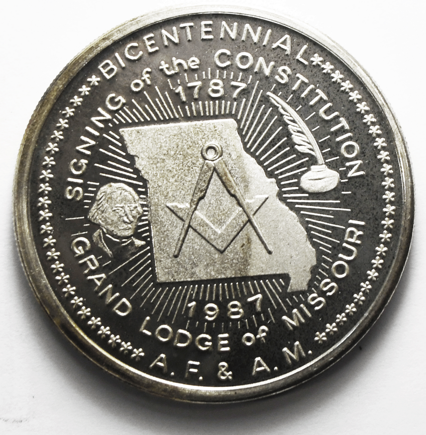 1987 Missouri Grand Lodge Bicentennial Constitution 1821 39mm 1oz Fine Silver