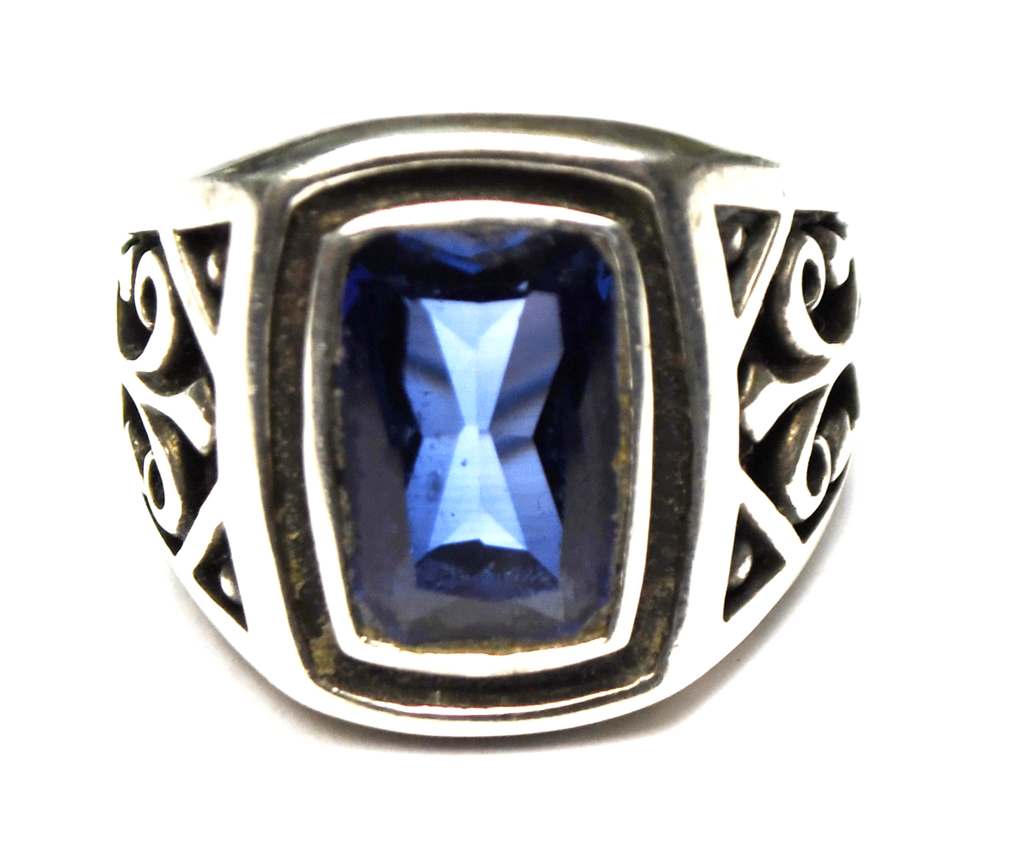 Sterling Stauer Blue Fire Helenite St Helens Obsidian Filigree Ring 20mm Size 9