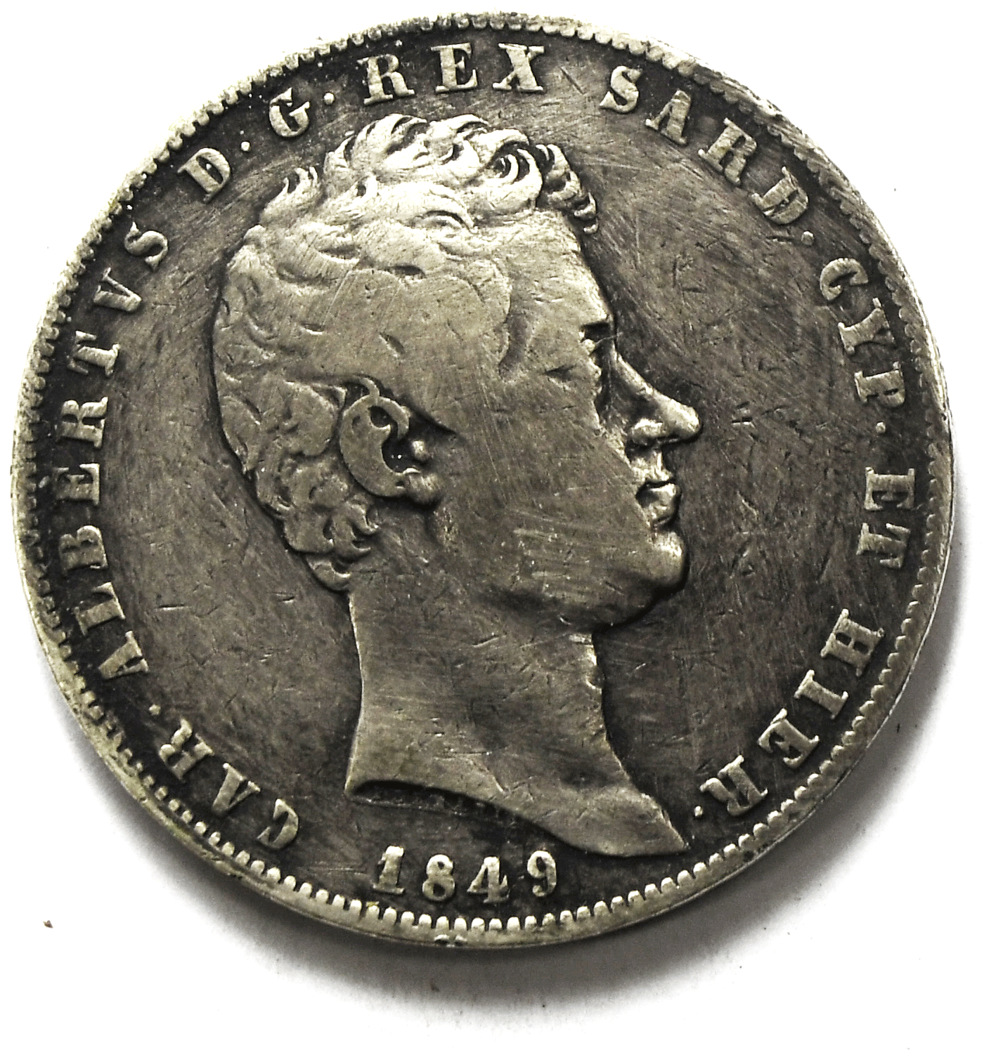 1849 Italian States Sardina 5 Lire Silver Coin Hier KM# 130.1