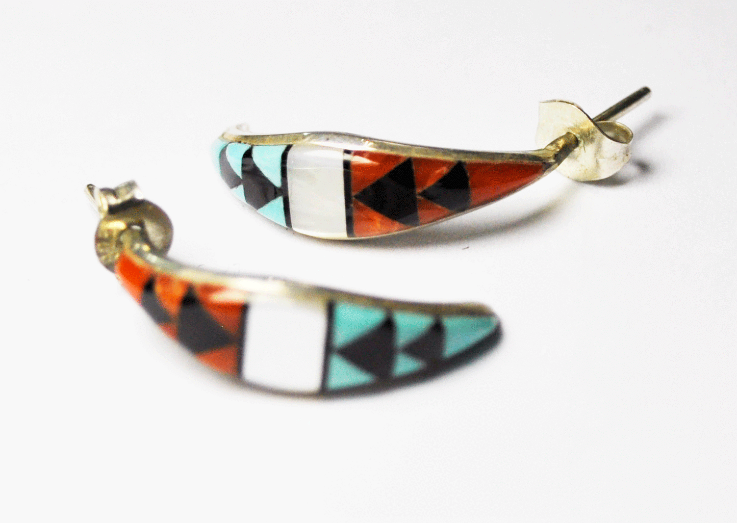 Sterling Silver Zuni Inlay Triangle MOP Half Hoop Curved Pierced Earrings 20mm