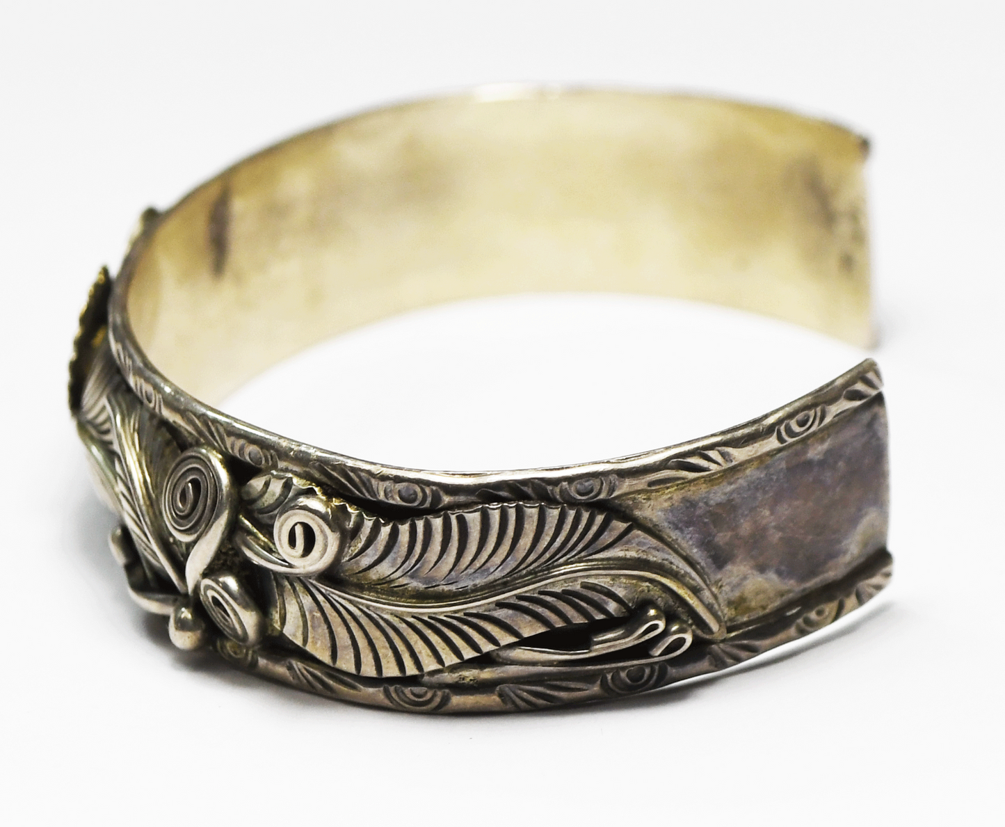 Sterling Vintage Flower Floral Leaf 16mm Cuff Bracelet 7.25" Wrist