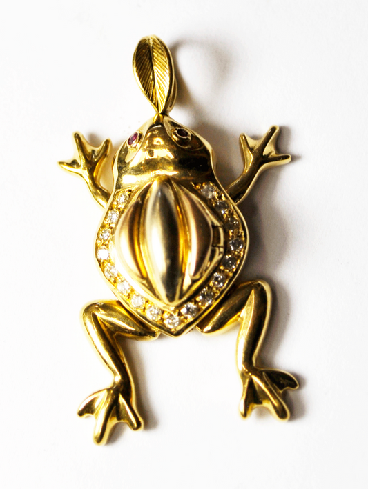 18k Yellow Gold Frog Mechanical Movable Legs Ruby Diamond 38mm Pendant