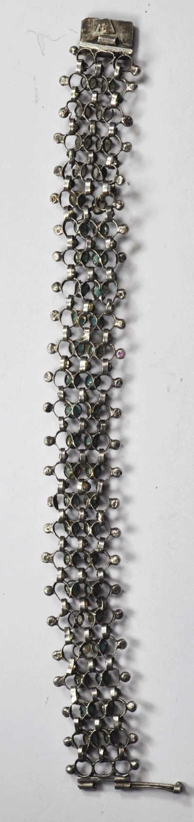 Vintage Sterling Silver Chain Maille Turquoise Dot Bracelet 6-3/4" 19mm