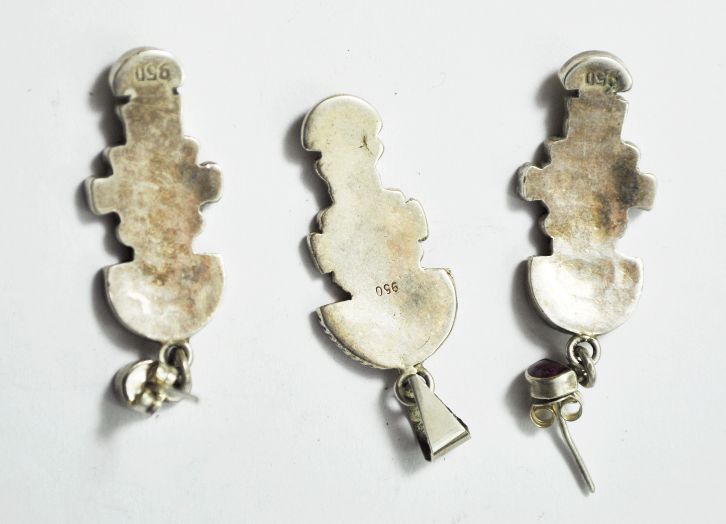 950 Silver Inlay Ceremonial Peruvian Tumi Inlay Pendant & Earrings Set 1.5"