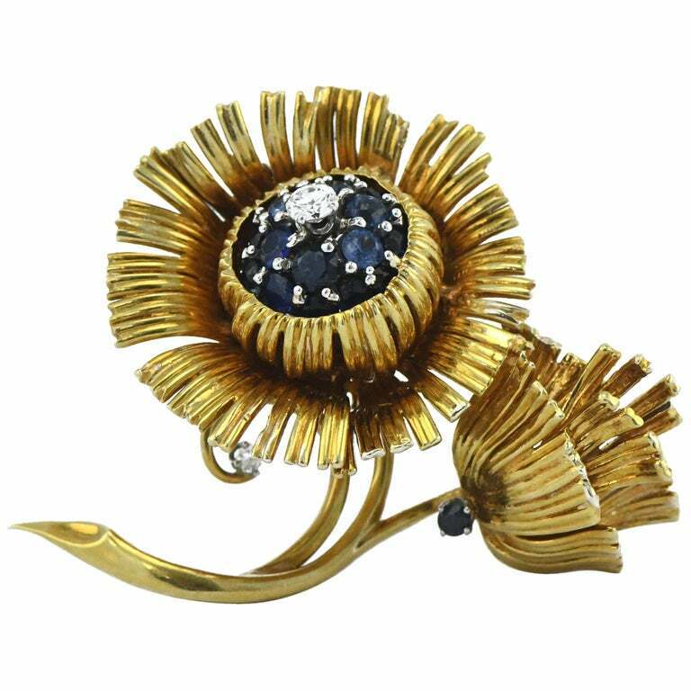 Erwin Pearl 18 Karat Yellow Gold Sapphire Diamond Floral Pin Brooch