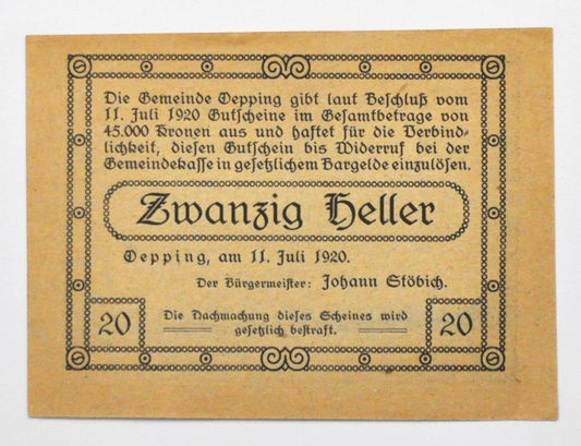 1920 20 Heller Austria Notgeld Banknote Gotzendorf Uncirculated
