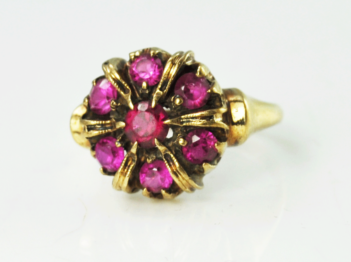 Beautiful 10k Yellow Gold Antique 7 Ruby Cluster Deco Ring 14mm Size 6.5