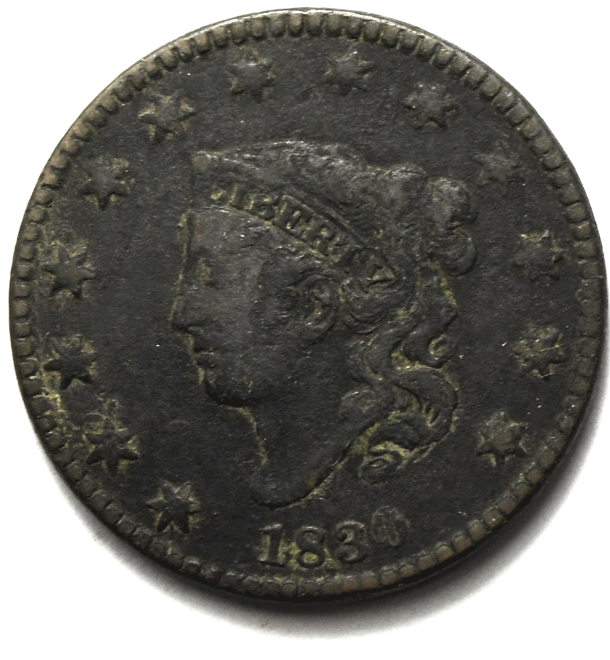 1830 1c Coronet Head Large Cent One Penny US Philadelphia Medium Letter VF