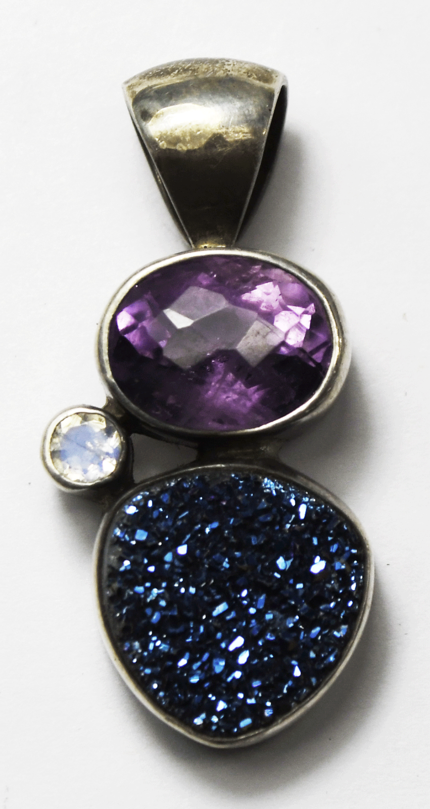 Sterling Silver Starborn Druzy Quartz Amethyst Pendant 1.5" x 20mm