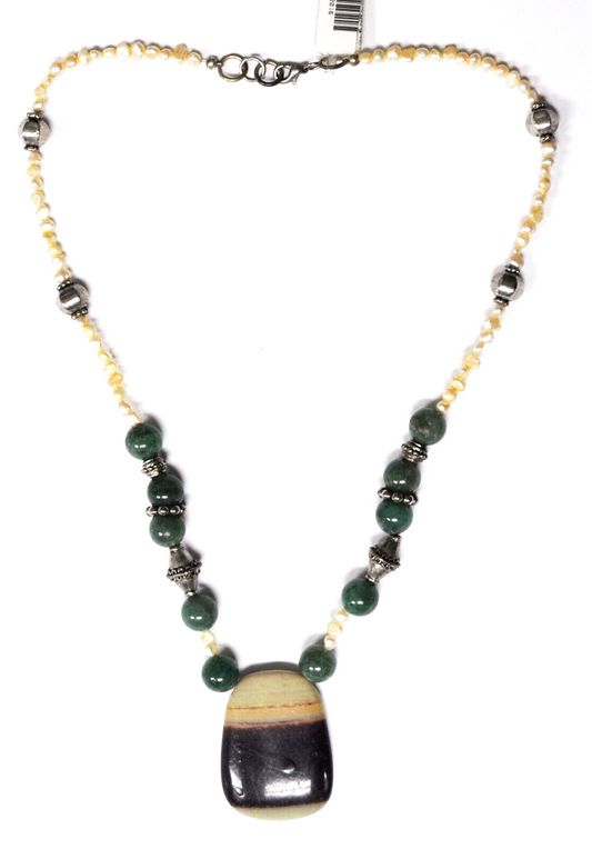 Silver Plated 10mm Jade & Pearl Necklace 39mm Pendant 19.5"