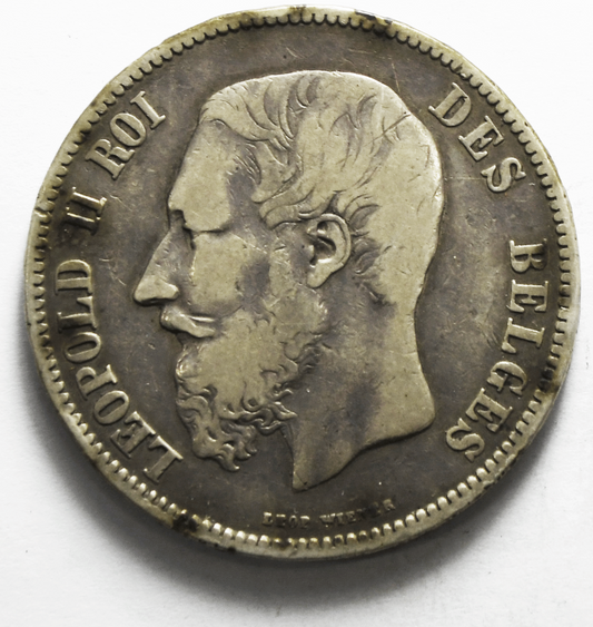 1869 Belgium 5 Francs Silver Coin KM# 24