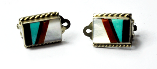 Sterling Silver Zuni Inlay Turquoise Coral MOP Rectangle Clip On Earrings 12mm