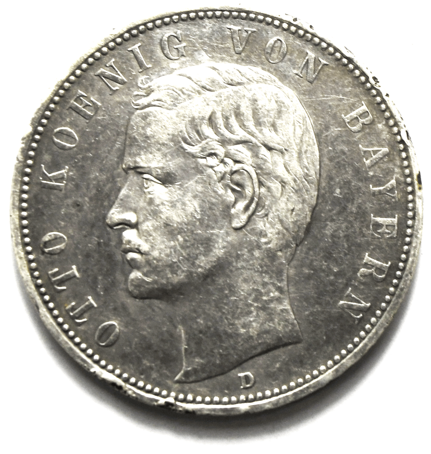 1913 D German States Bavaria 5 Five Mark Silver Coin KM# 915 Rim Dings