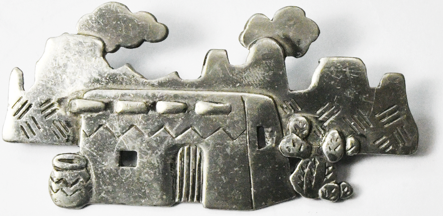 Pewter 1988 Jonette Pueblo Village landscape Brooch Pin 64mm x 32mm