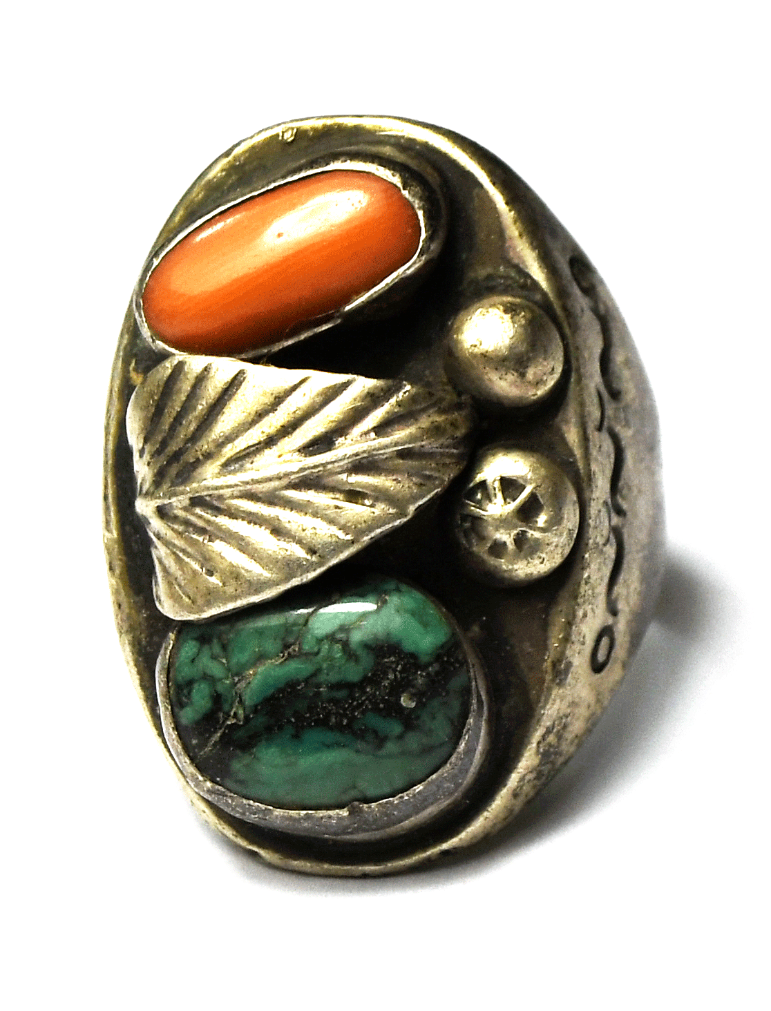 Antique Sterling Coral Green Turquoise Floral Squiggle Edge Ring 29mm Size 9