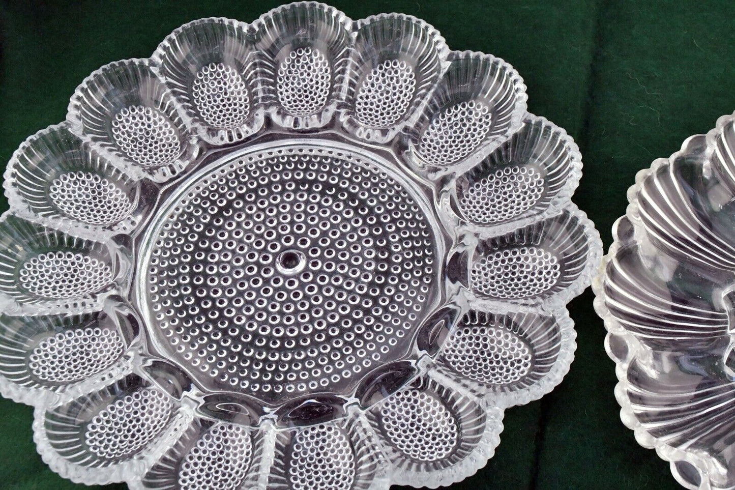Set of 2  Indiana Glass Hobnail Scalloped Seashell Deviled Egg Holders Plates