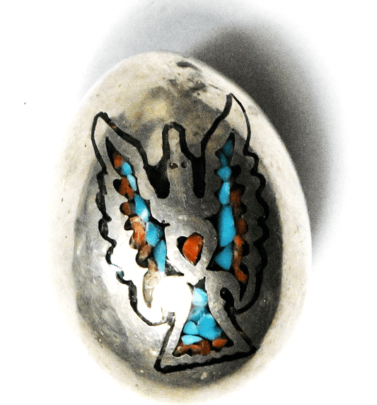 Sterling Turquoise Coral Chip Inlay Thunderbird Egg Slider Pendant 37x27mm