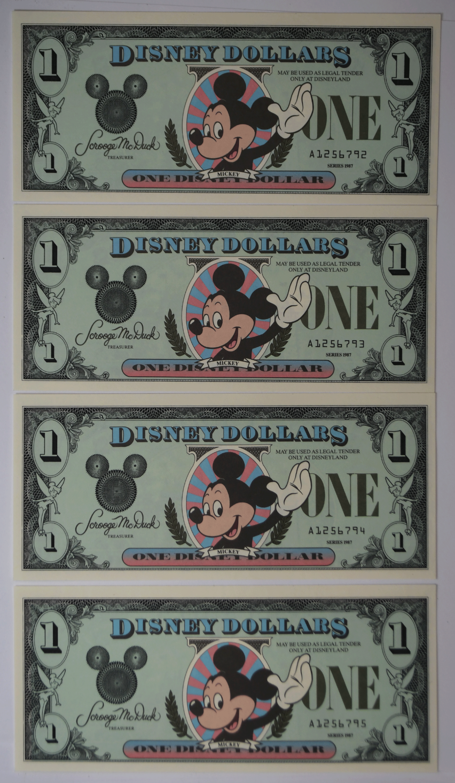 4- 1987 $1 Disney Dollar Disneyland Mickey Sequential Uncirculated A1256792-95