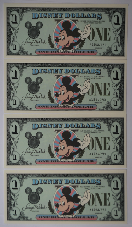 4- 1987 $1 Disney Dollar Disneyland Mickey Sequential Uncirculated A1256792-95