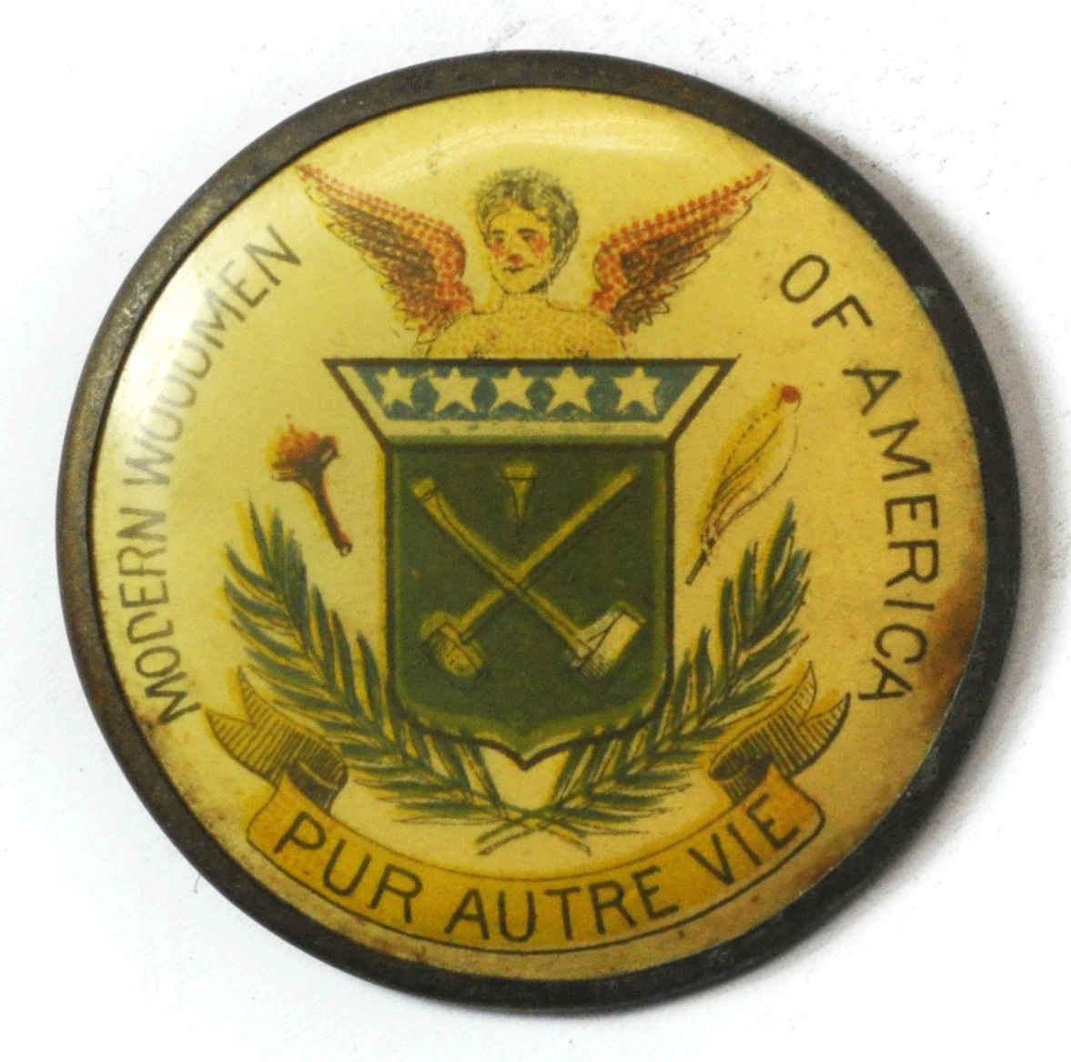 Modern Woodmen of America Celluloid Button Pin Pur Autre Vie 43mm Vintage