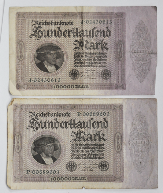 1923 100000 Hundred Thousand Mark Germany Currency Notes P00689603 J02430613