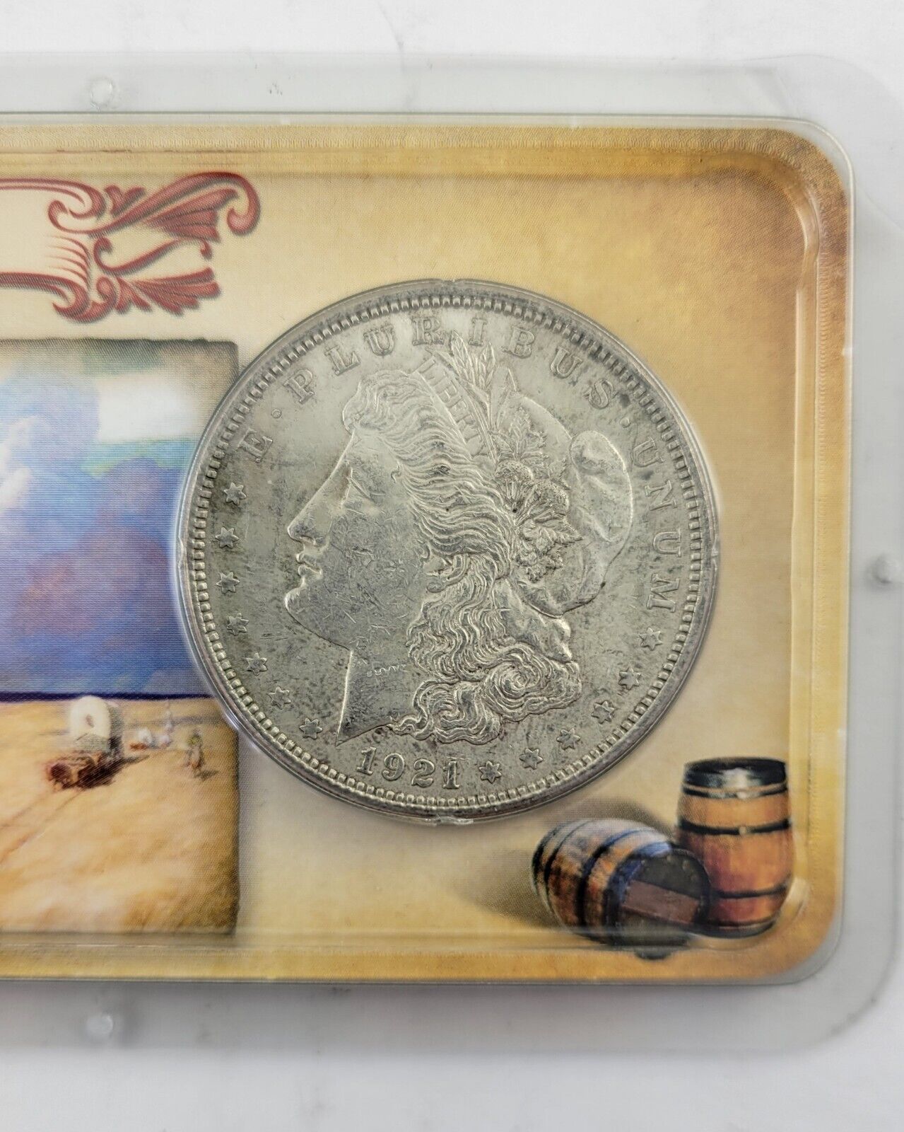 1921 P Morgan Silver Dollar in Littleton holder Wagon Trails