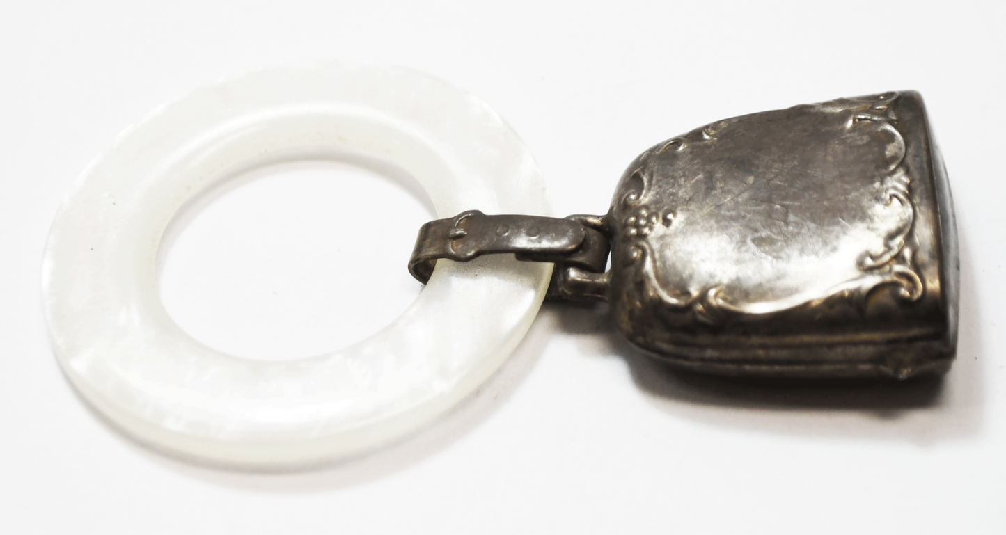 Webster Sterling Silver Baby Rattle Plastic Teething Ring 3-1/8"