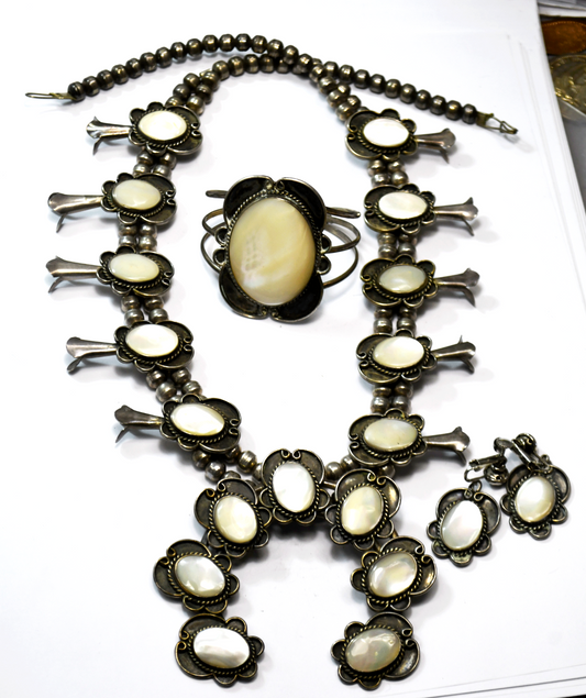 Coin Silver 26" Squash Blossom 3-5/8" Naja MOP 47mm Earrings 54mm Cuff Bracelet