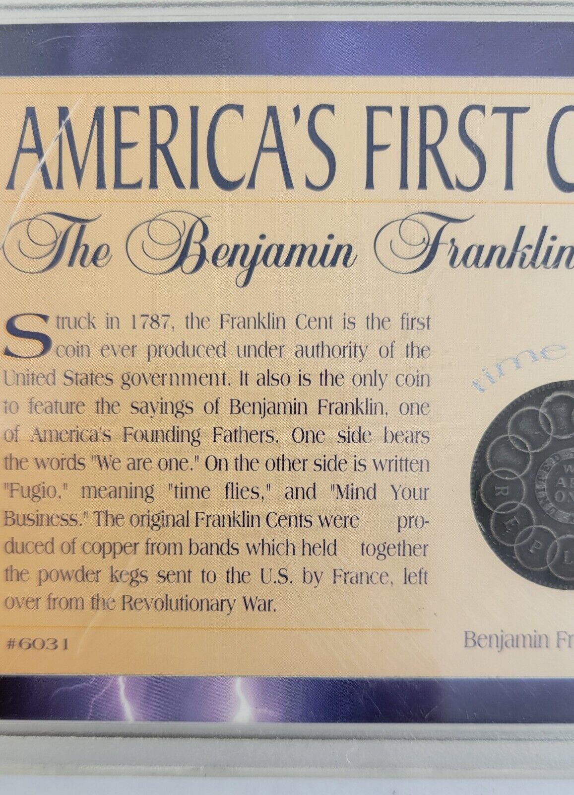 Benjamin Franklin Fugio Cent America's First Coin 1787 Mind Your Business Time