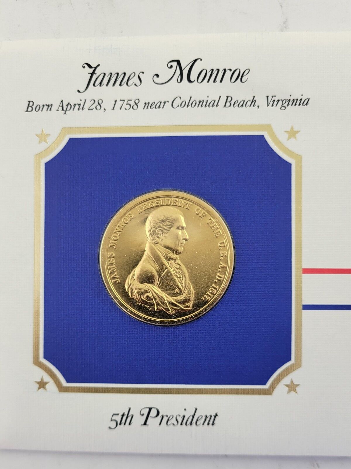 James Monroe Presidential Covers Medal Postal Commemorative Society Gold Plated