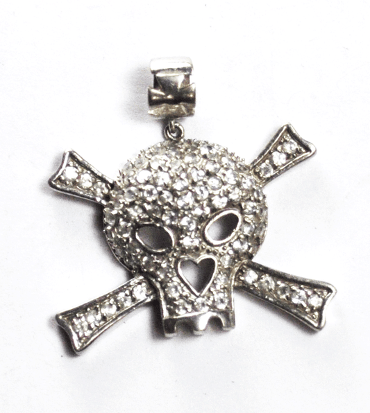 Sterling Silver CZ Skull Cross Bones 36mm x 34mm Pendant