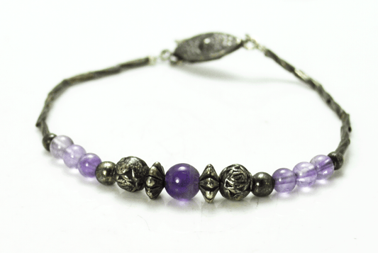 Vintage Liquid Silver Plated Purple Amethyst Bead Bracelet 6mm 6-3/4"