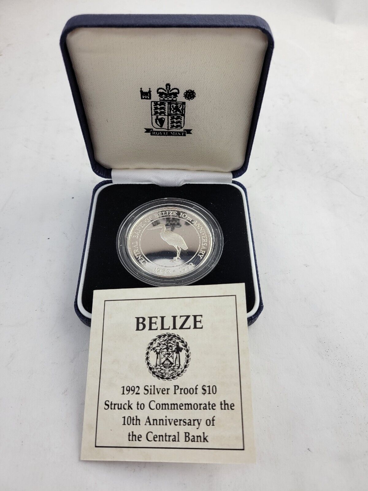 1992 Belize 10 Dollars Silver Proof Jabiru Stork 10yr Commemorative Central Bank