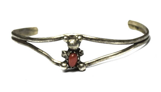 Antique Sterling Small Childs Teddy Bear Red Coral Wire Cuff Bracelet 11mm