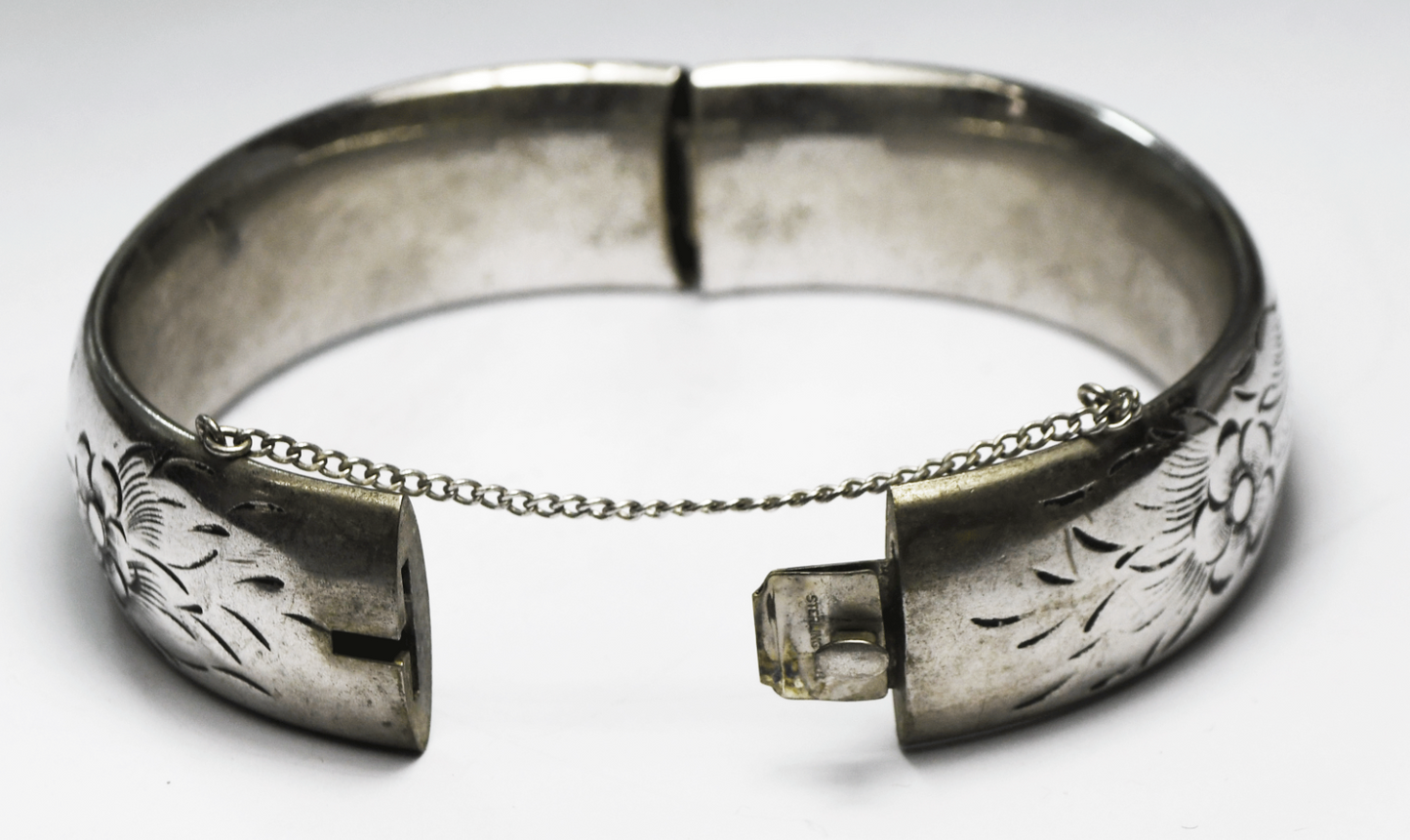 Sterling Silver Floral Flowers Hinge Bangle Bracelet 19mm 7.25" Wrist