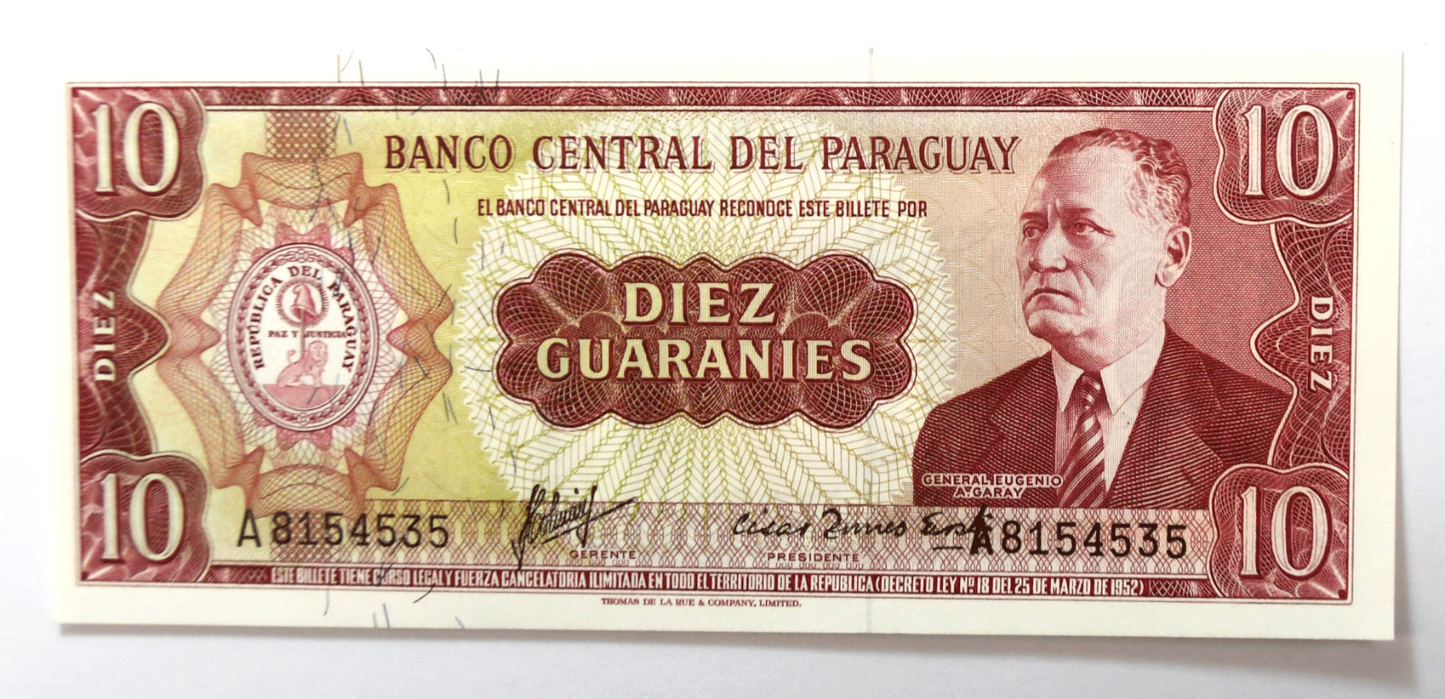 1952 Paraguay 10 Ten Guaranies Uncirculated Banknote