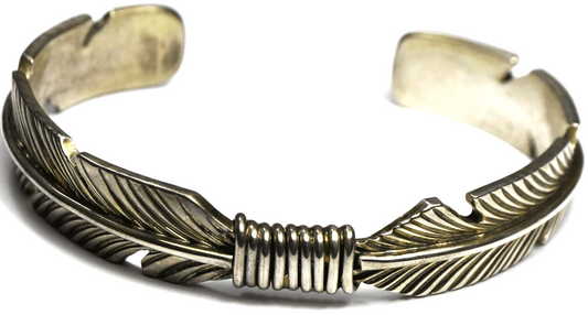 Sterling Silver J Nelson Feather Cuff Bracelet 7" Wrist 12mm