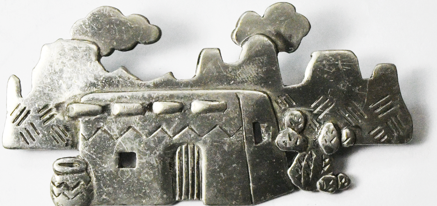 Pewter 1988 Jonette Pueblo Village landscape Brooch Pin 64mm x 32mm