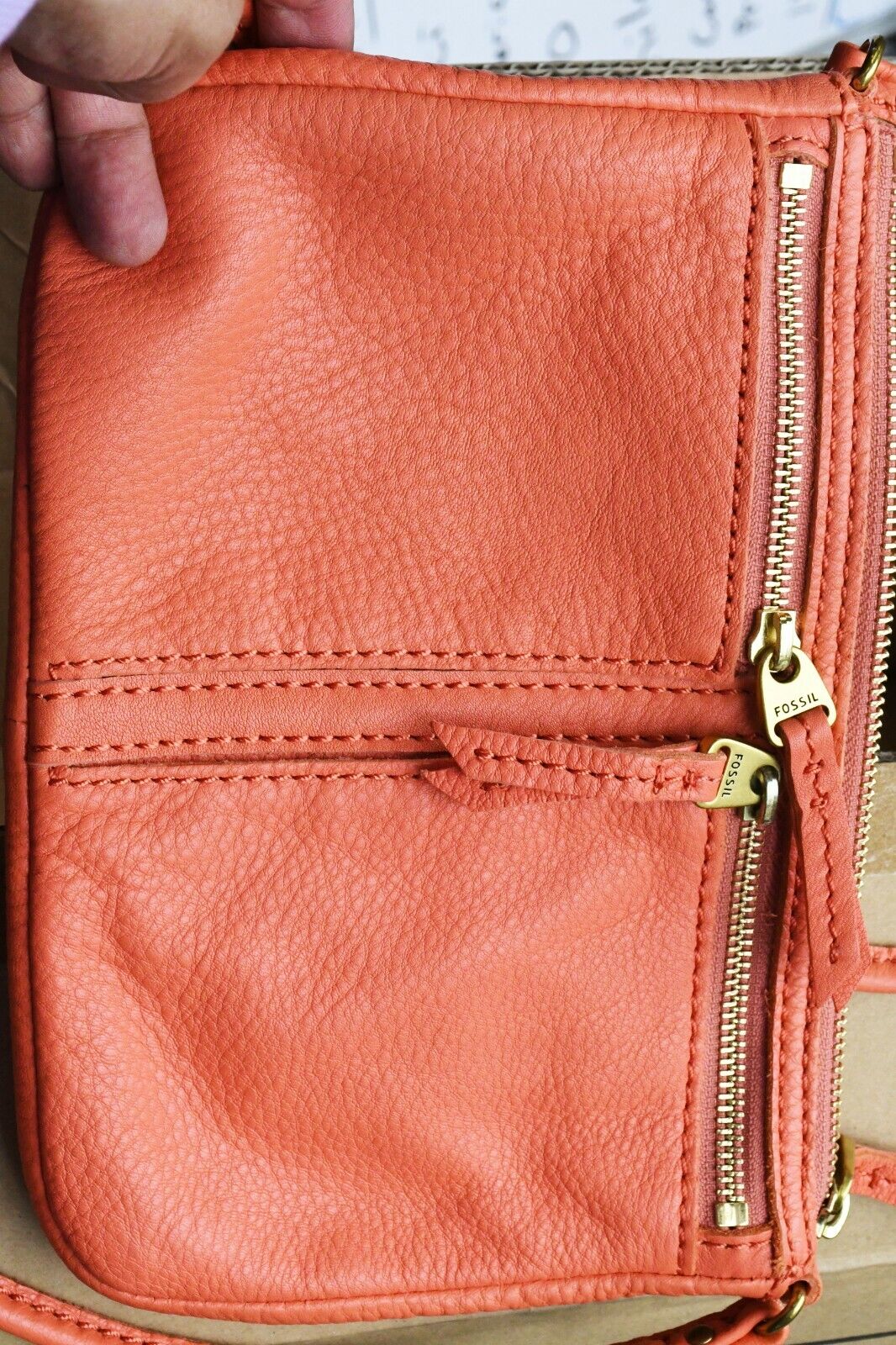 Fossil ELISE Coral Pink Double Zip Leather Crossbody Purse Handbag 10 x 6 1/2"