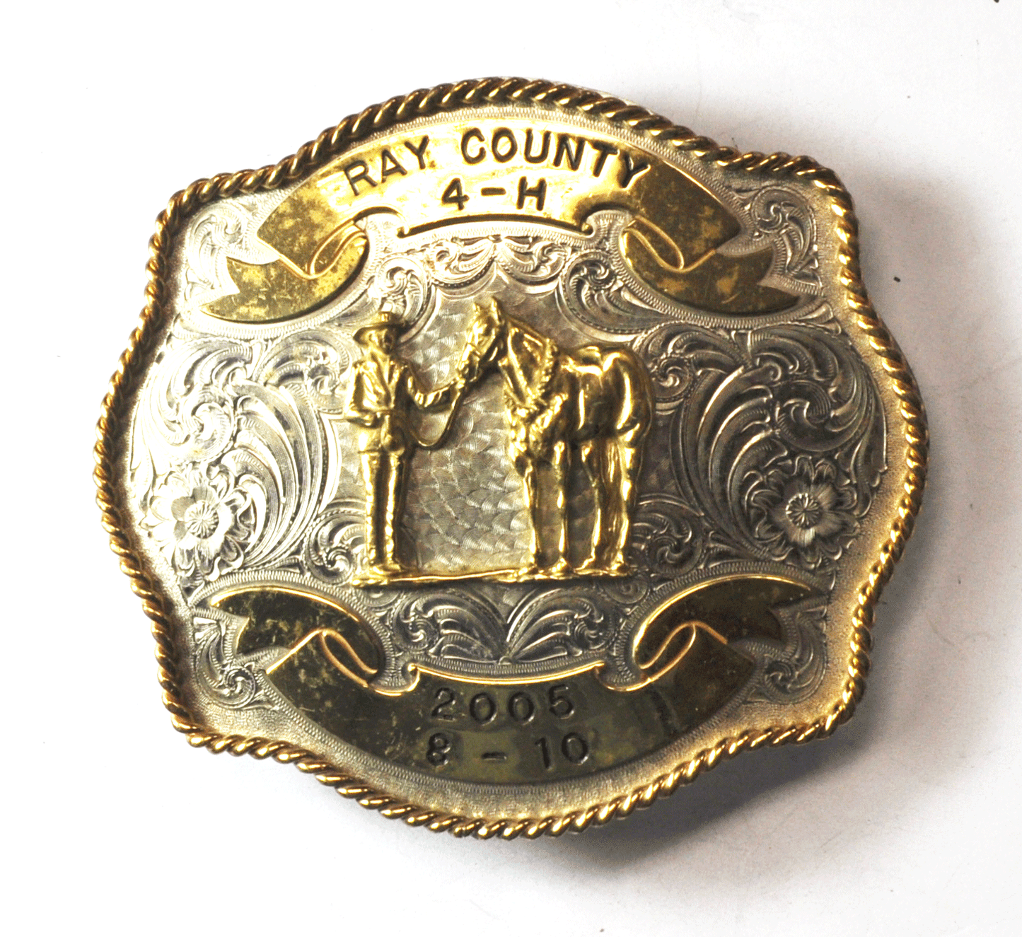 2005 Montana Silversmith Two Tone Ray County 4-H Beltbuckle Columbus 4" x 3-5/8"