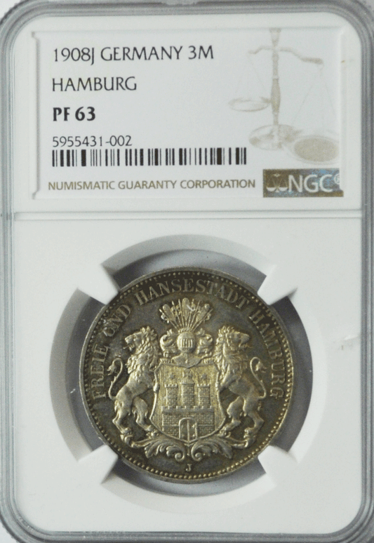 1908 J German States Hamburg 3 Three Mark Silver Proof KM# 620 NGC PF63