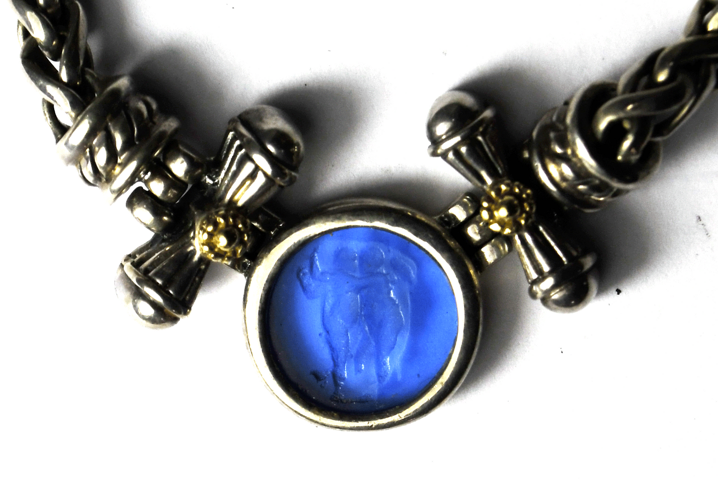 Sterling Round Blue Glass Cherub Angel 18k 5mm Wheat Chain 17" Necklace