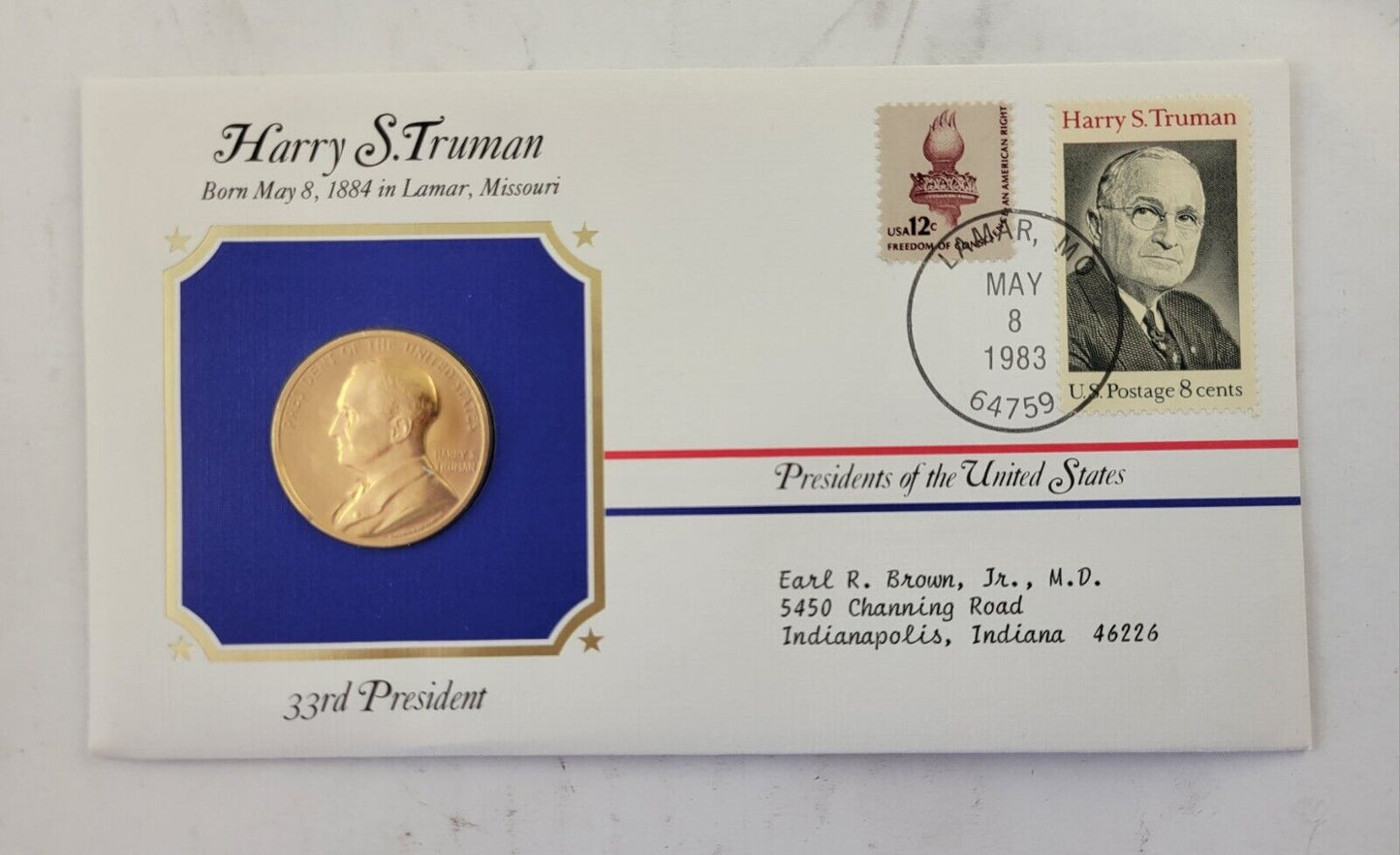 Harry Truman Presidential Covers Medal Postal Commemorative Society Gold Plated