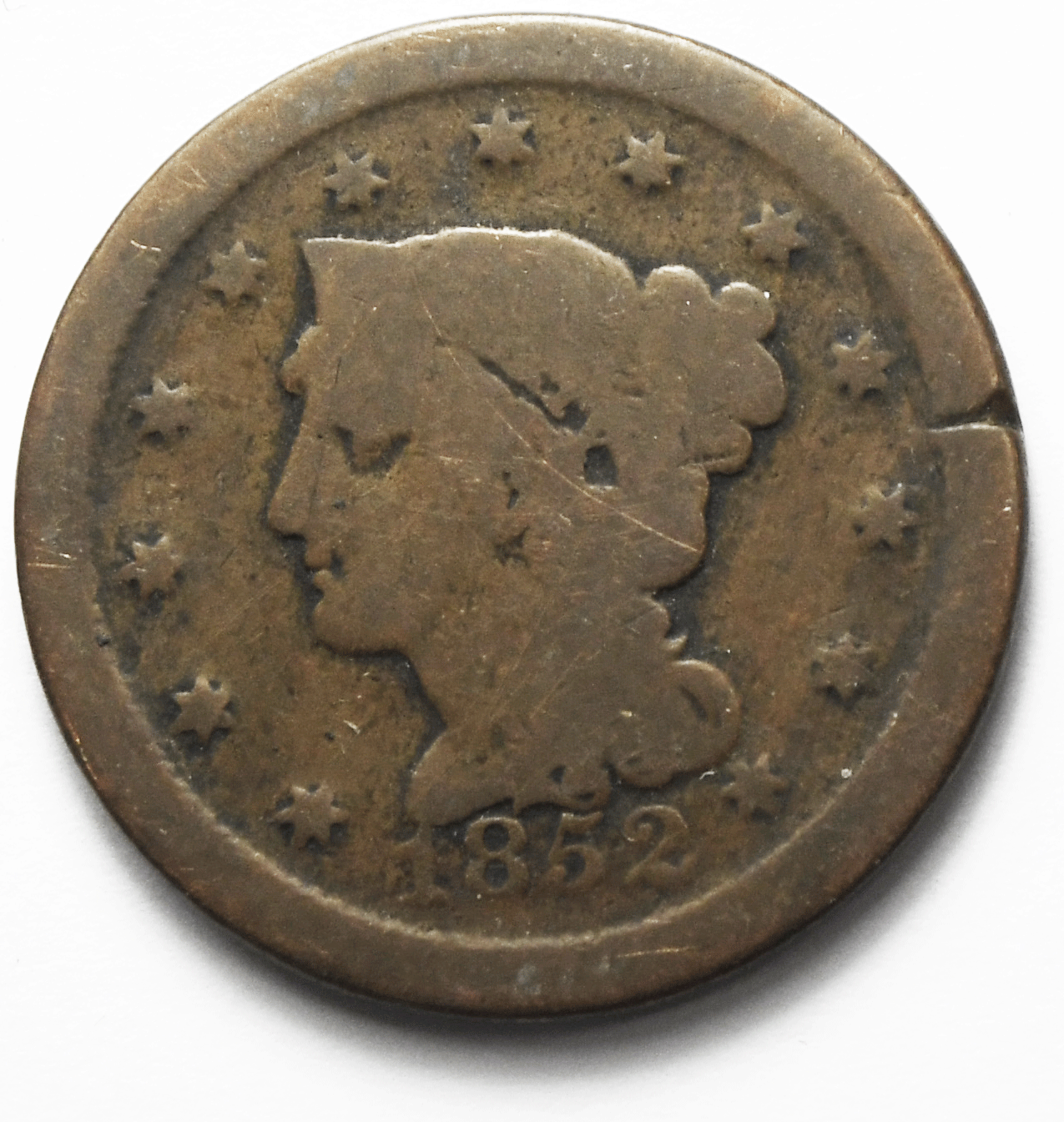 1852 1c Braided Hair Large Cent One Penny