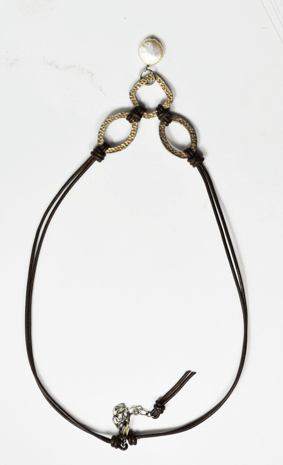 Sterling Silver Hammered Copper Color Hoop MOP Dangle 17" Brown Leather Necklace
