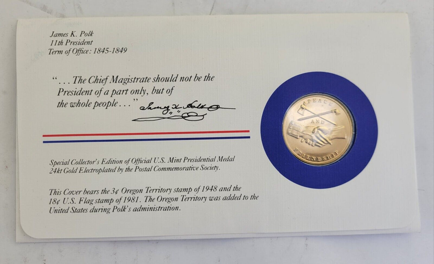 James K. Polk Presidential Covers Medal Postal Commemorative Society Gold Plated