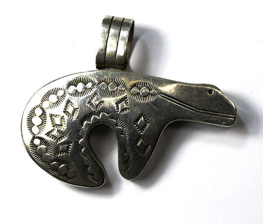 Sterling T Morgan Etched Rays Bear Pendant 2-7/8" x 2-1/4" Oval Stripe Bale