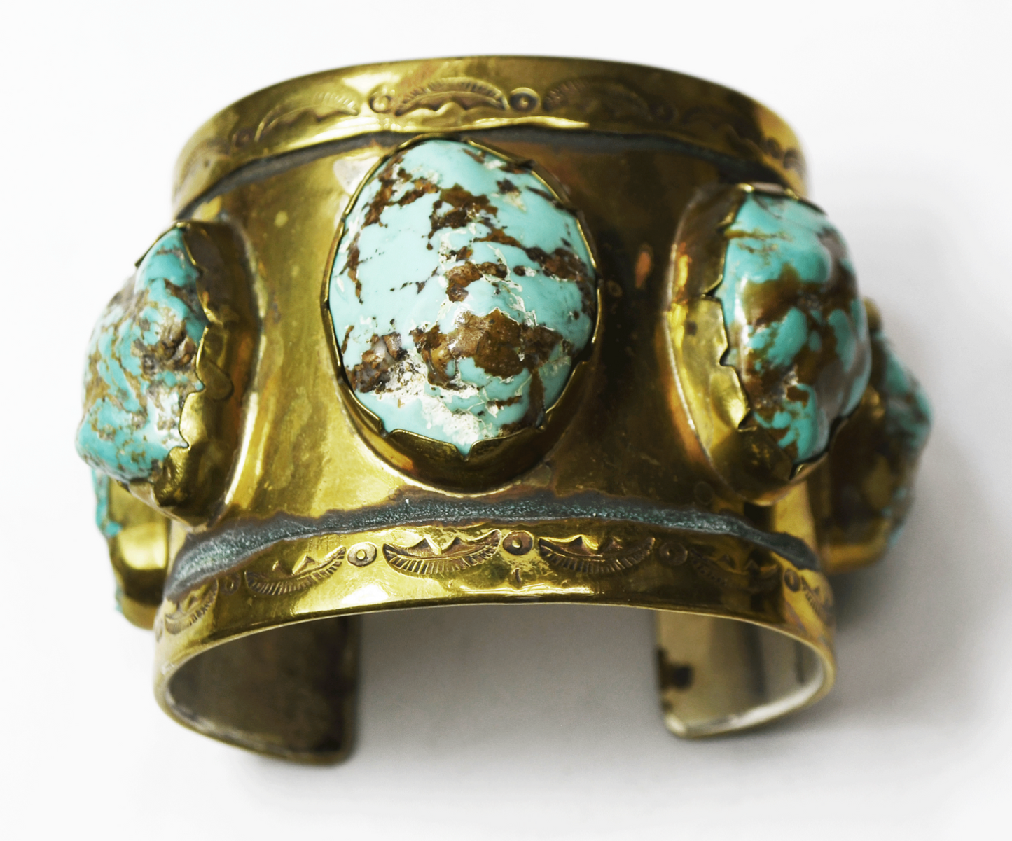 Sterling RA Gilt Brass Turquoise Chunk 51mm Wide Cuff Bracelet 51mm 6-1/4" Wrist