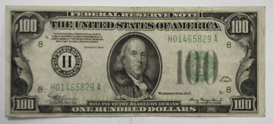 1934 $100 One Hundred Dollars Federal Reserve Note H01465829A St Louis